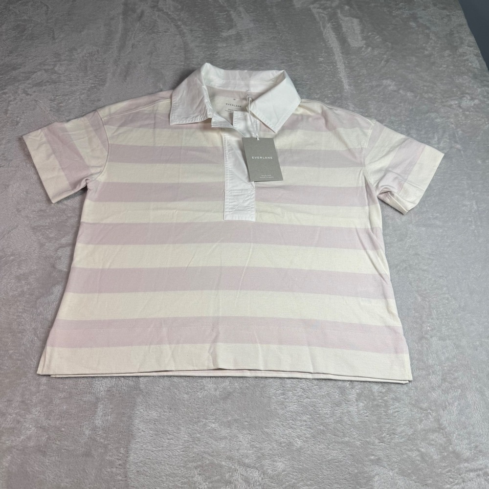 NEW Everlane Womens The Organic Cotton Oversized Polo in Purple Stripe XS